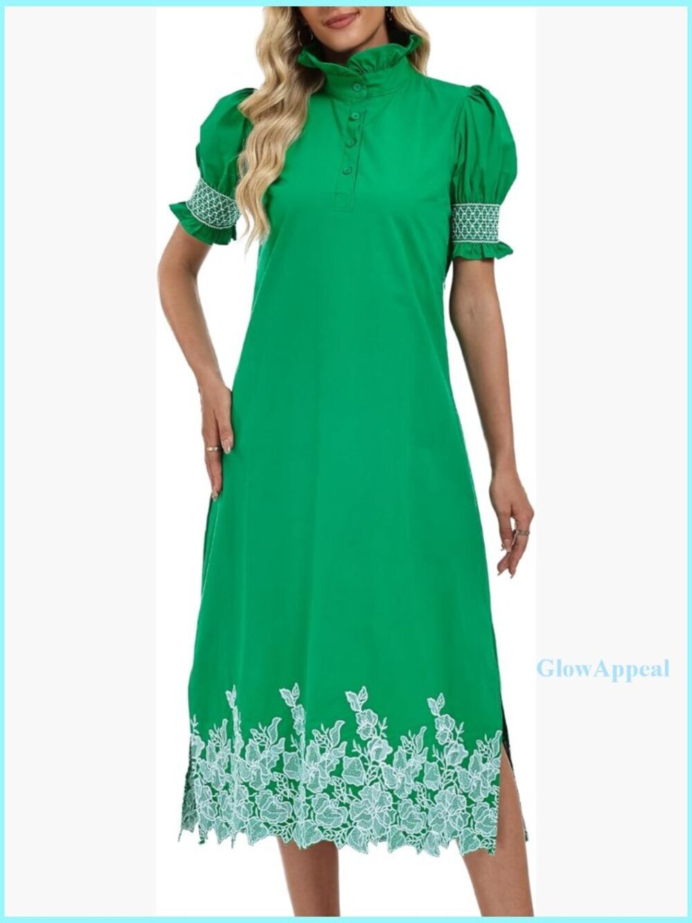Summer Maxi Dress with Floral Embroidery, Puff Sleeves, Button Front